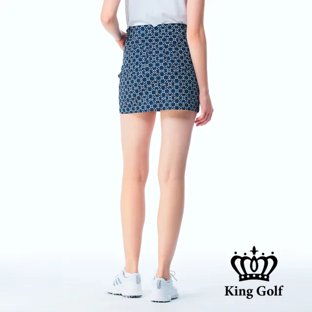 【KING GOLF】速達-網路獨家單特-女款經典滿版窗花印圖KG立體刺繡薄款高爾夫球運動短裙褲裙(深藍)