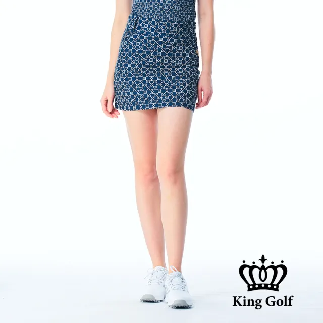 【KING GOLF】速達-網路獨家單特-女款經典滿版窗花印圖KG立體刺繡薄款高爾夫球運動短裙褲裙(深藍)
