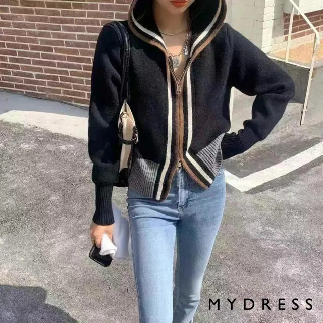 【MYDRESS】正韓空運-撞色邊設計拉鍊連帽外套