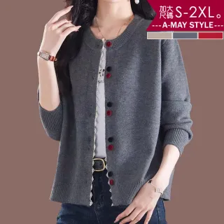 【Amay Style 艾美時尚】中大尺碼女裝 針織衫 日系氣質圓領蕾絲拼接長袖針織外套。S-2XL(3色.現貨+預購)