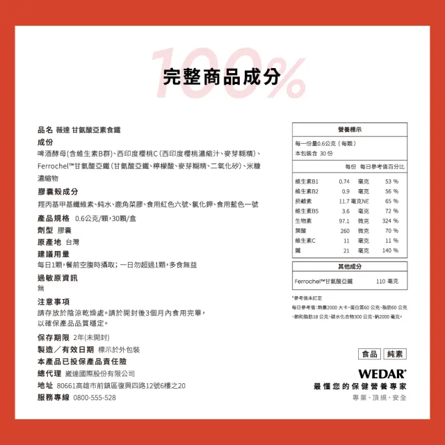 【Wedar 薇達】甘氨酸亞素食鐵 6盒組(30顆/盒.補鐵.葉酸.孕期補鐵.維他命C.B群)
