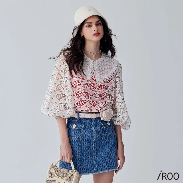 【iROO】簍空蕾絲印花單品上衣
