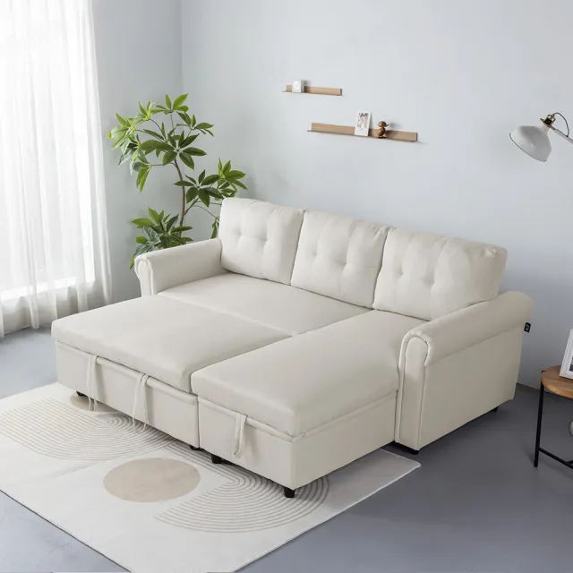 【H&D 東稻家居】免組裝 3 人悠展多功能L型收納布沙發床 206x153x87 三人座 拖床(L型可左右互換 機能沙發)