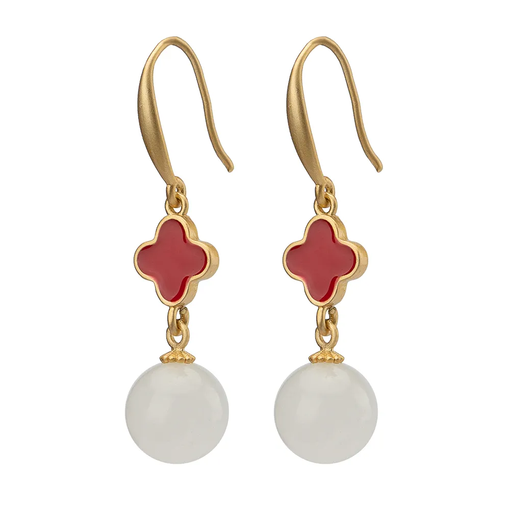 【K.D.J 圓融珠寶】天然和闐玉白玉幸運草耳勾款