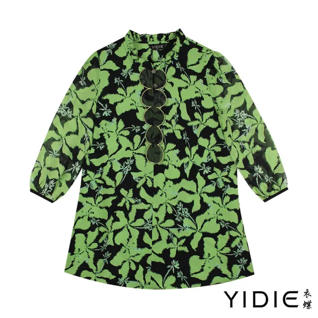 【YIDIE】小木耳領口印花長版雪紡上衣-草綠