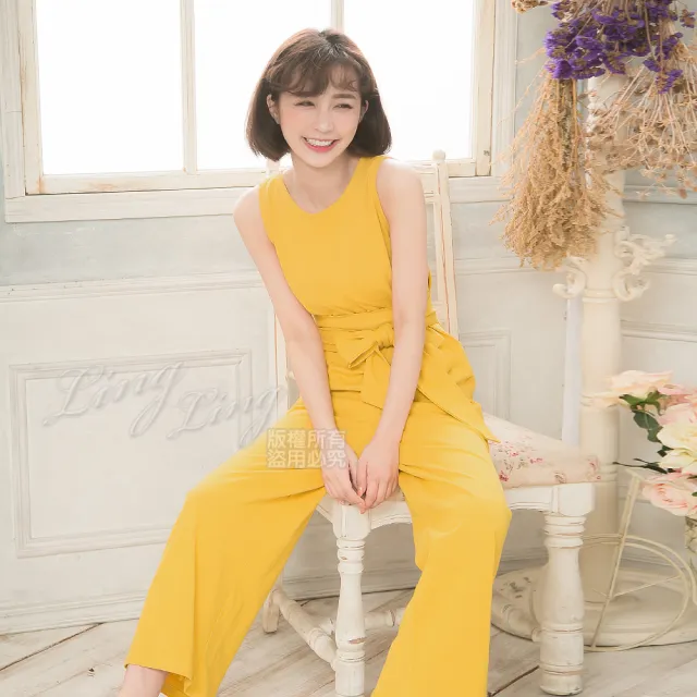 【lingling】純色無袖綁帶連身寬褲裝 女裝連身褲裝(PA4113-共2色)