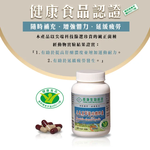 【長庚生技】冬蟲夏草菌絲體膠囊60顆X3瓶優惠組(健字號 冬蟲夏草 保健 養生 活力)
