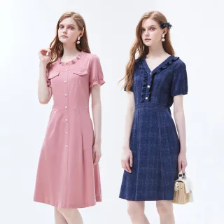 【MYVEGA 麥雪爾】MA彈力假兩件/雪紡荷葉/仿牛仔短洋裝-多款任選(女洋裝/連身洋裝/真兩件洋裝)