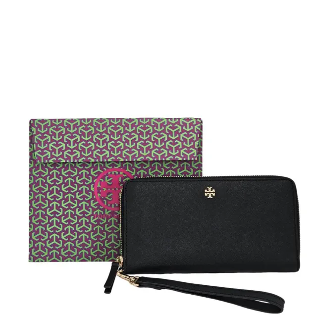 【TORY BURCH】TORY BURCH EMERSON 新版防刮手掛拉鍊長夾-黑色(送禮)