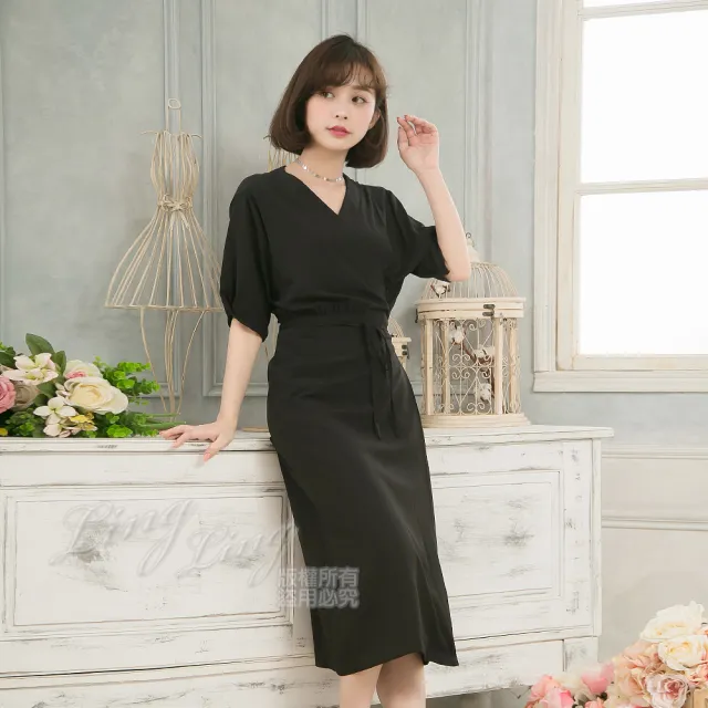 【lingling】交叉綁帶V領開襟短袖長洋裝罩衫 女裝洋裝(PA4114-共2色)
