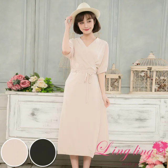 【lingling】交叉綁帶V領開襟短袖長洋裝罩衫 女裝洋裝(PA4114-共2色)