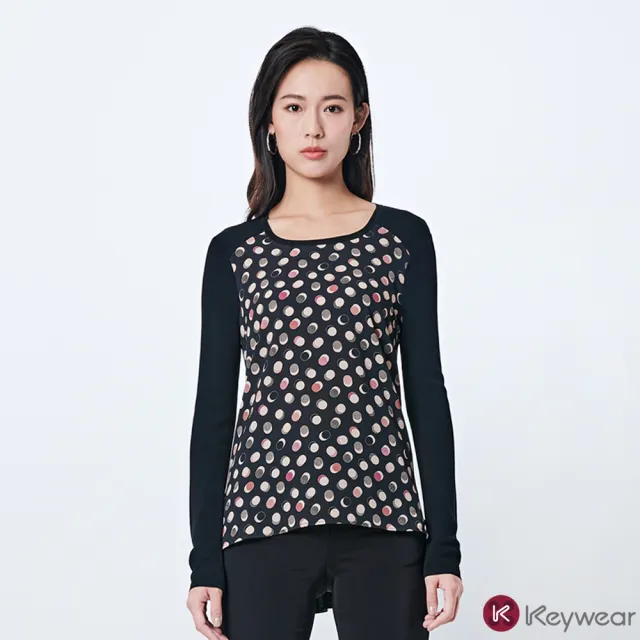 【KeyWear 奇威名品】圓點印花拼接針織上衣