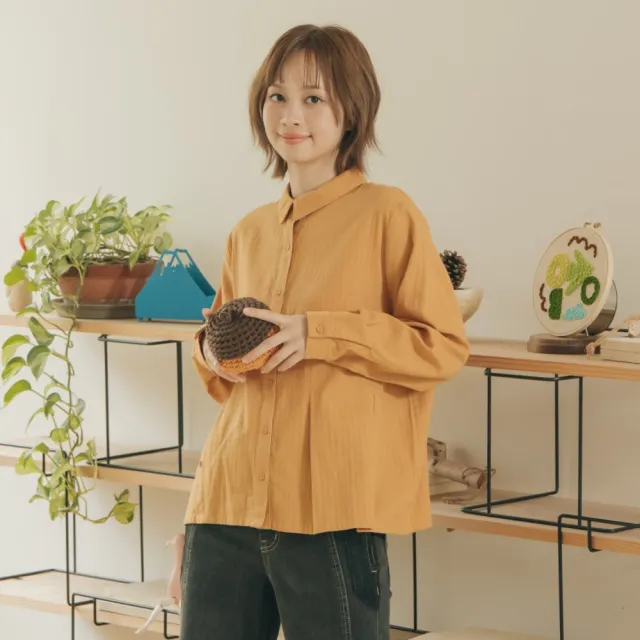 【MOSS CLUB】全棉抓摺裝飾門襟開襟長袖襯衫(白 桔)