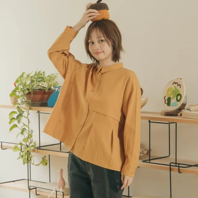 【MOSS CLUB】全棉抓摺裝飾門襟開襟長袖襯衫(白 桔)
