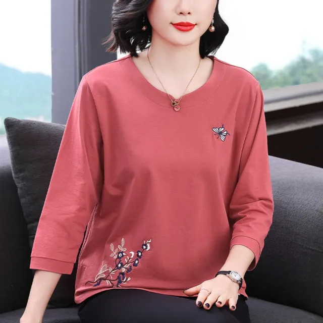 【巴黎精品】高級七分袖POLO衫寬鬆上衣針織衫簡大碼休閒大尺碼女裝百搭媽媽裝(蝴蝶繡花2色n1lq5)
