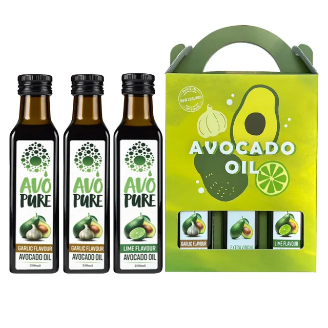 紐西蘭AVOPURE-100%特級初榨冷壓酪梨油-大蒜風味x2瓶+萊姆風味x1瓶(250ml/瓶x3瓶-禮盒組)