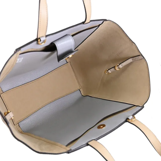 【TORY BURCH】簡約雙T LOGO撞色皮革手提包造型包兩用包(淺褐)