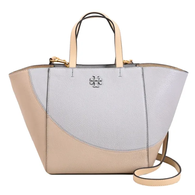 【TORY BURCH】簡約雙T LOGO撞色皮革手提包造型包兩用包(淺褐)