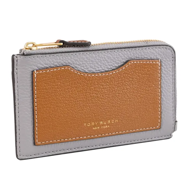 【TORY BURCH】經典烙印撞色皮革信用卡證件名片L型零錢包(灰/咖)