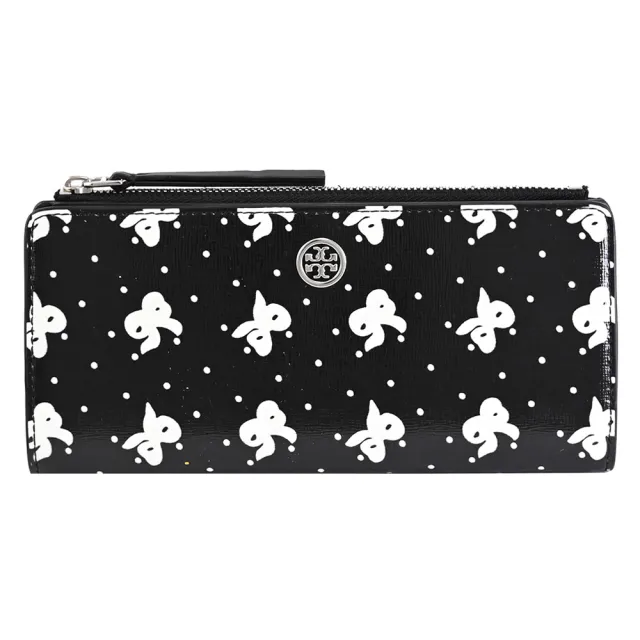 【TORY BURCH】金屬雙T蝴蝶結圓點壓紋皮革扣式發財零錢長夾(黑)