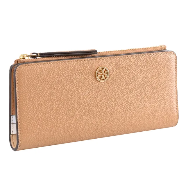 【TORY BURCH】簡約金屬雙T LOGO皮革扣式發財零錢長夾(淺咖)