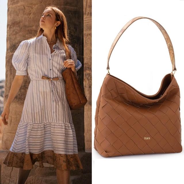 【Alviero Martini】義大利地圖包 牛皮編織格紋單把側背包31cm(咖啡色)