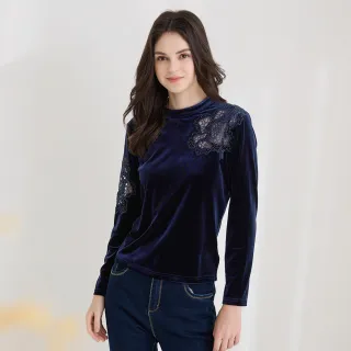 【ILEY 伊蕾】縷空蕾絲花卉刺繡造型絨布上衣(深藍色；M-XL；1224481001)