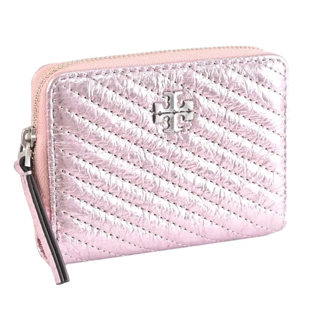 【TORY BURCH】經典雙T亮面揉製絎縫信用卡零錢包簡易短夾(粉)