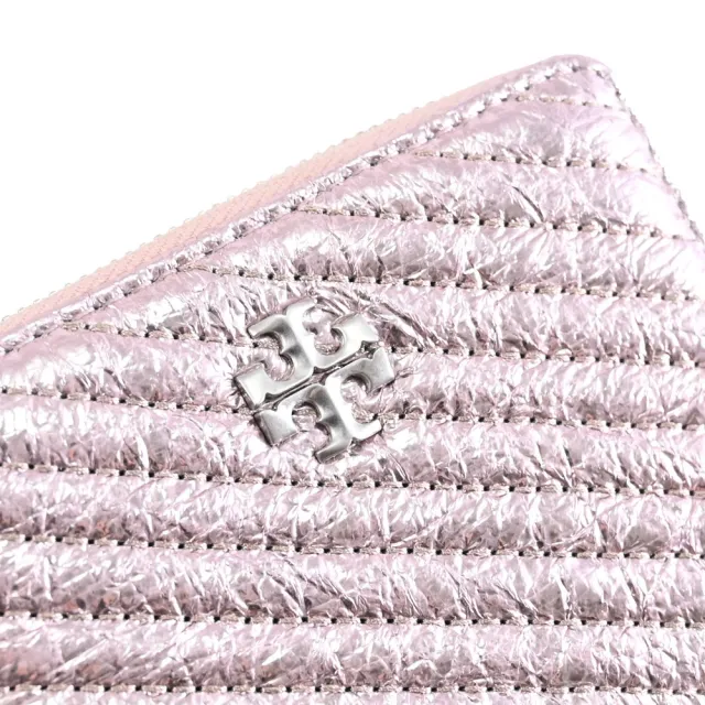 【TORY BURCH】經典雙T亮面揉製絎縫信用卡零錢包簡易短夾(粉)