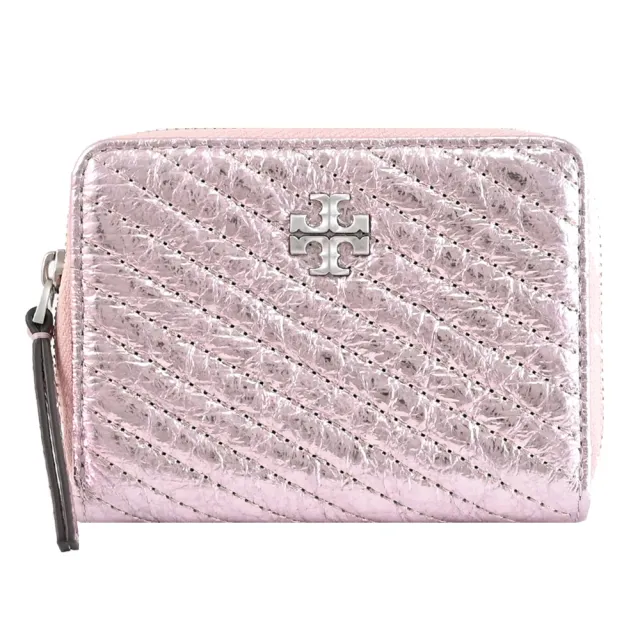 【TORY BURCH】經典雙T亮面揉製絎縫信用卡零錢包簡易短夾(粉)