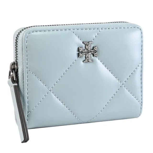 【TORY BURCH】經典雙T LOGO格紋信用卡零錢包簡易短夾(淡藍)