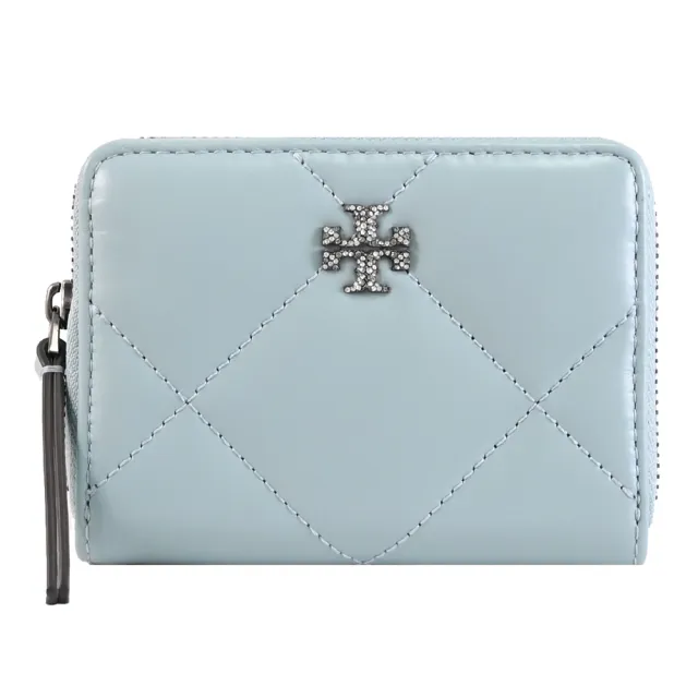 【TORY BURCH】經典雙T LOGO格紋信用卡零錢包簡易短夾(淡藍)