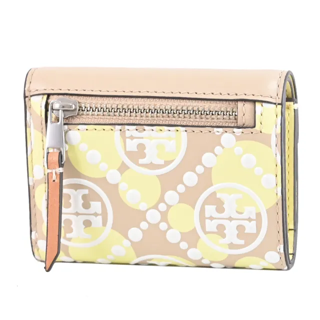 【TORY BURCH】經典雙T LOGO緹花皮革拼接三折零錢小短夾(卡其)