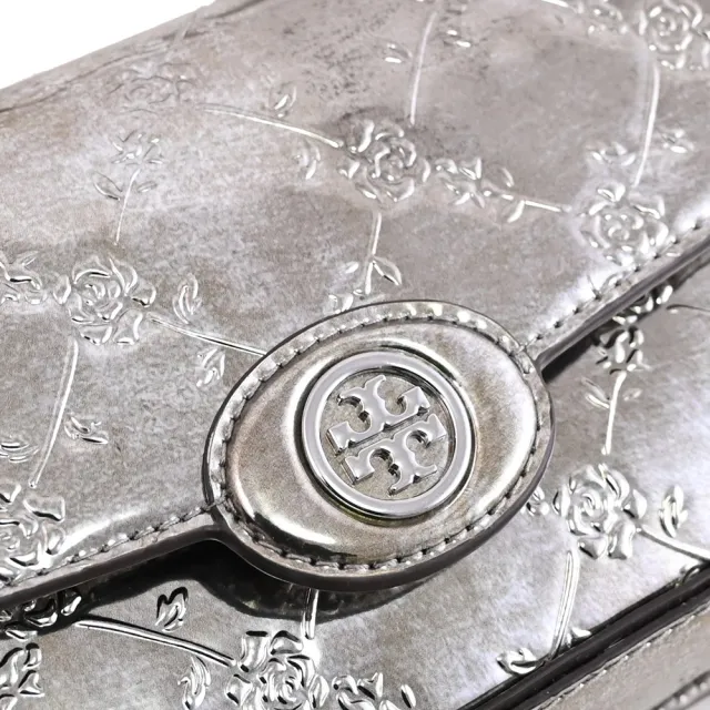 【TORY BURCH】經典雙T LOGO玫瑰菱格壓紋可調肩斜肩背包(錫合金)