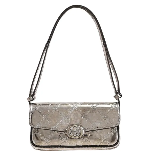 【TORY BURCH】經典雙T LOGO玫瑰菱格壓紋可調肩斜肩背包(錫合金)