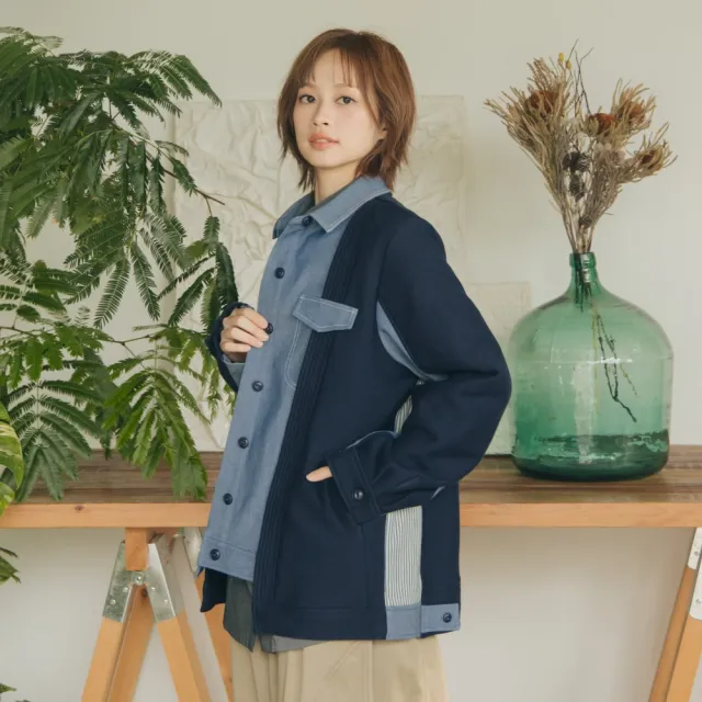 【MOSS CLUB】異材質牛仔拼接開襟襯衫領外套(藍 綠/魅力商品)