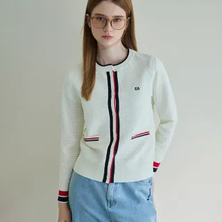 【ELLE ACTIVE】女款 法式經典條紋拼接針織開襟外套-白色(EA25A1W5501#91)
