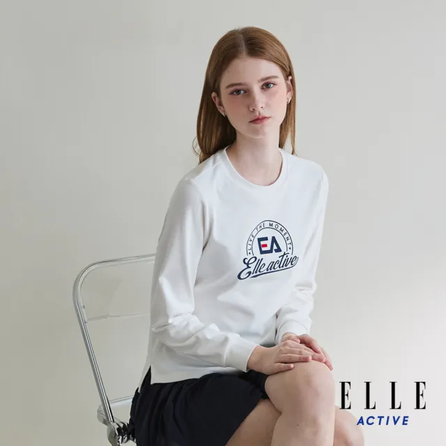 【ELLE ACTIVE】女款 法式徽章印花長袖上衣-白色(EA25A1W1702-90)