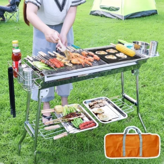 【AOTTO】豪華大全配15件組不鏽鋼烤肉架(中秋烤肉 露營 野炊 煎烤兩用)