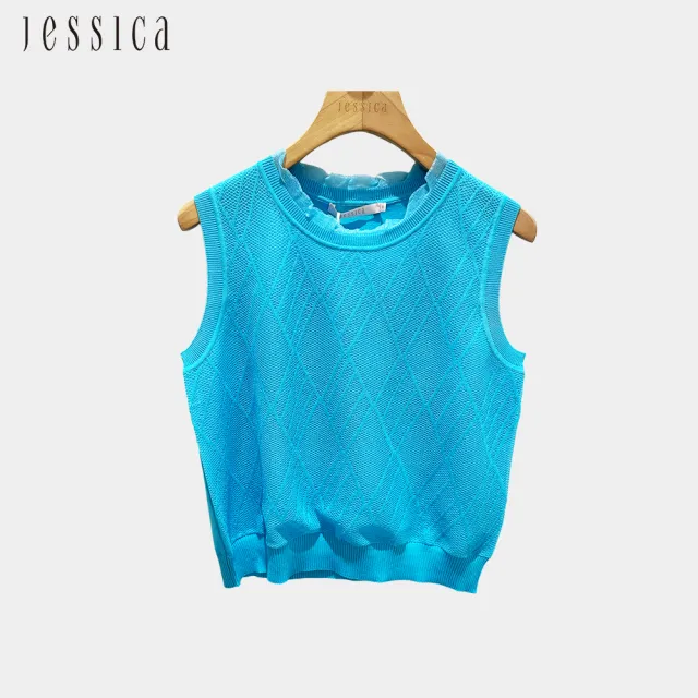 【JESSICA】百搭菱格紋理無袖針織背心253502（藍）