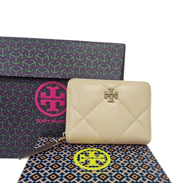 【TORY BURCH】專櫃新款Kira立體水晶LOGO小香風4卡拉鍊零錢卡包/淡奶茶色(贈原廠紙袋/七夕情人節)