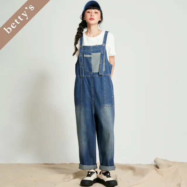 【betty’s 貝蒂思】出清品  逗號貓咪刺繡牛仔吊帶褲(藍色)（其他規格）