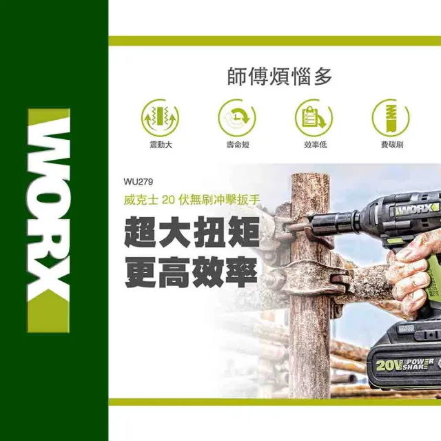 【WORX 威克士】20V 鋰電無刷衝擊扳手-雙電池套裝組(WU279.1)
