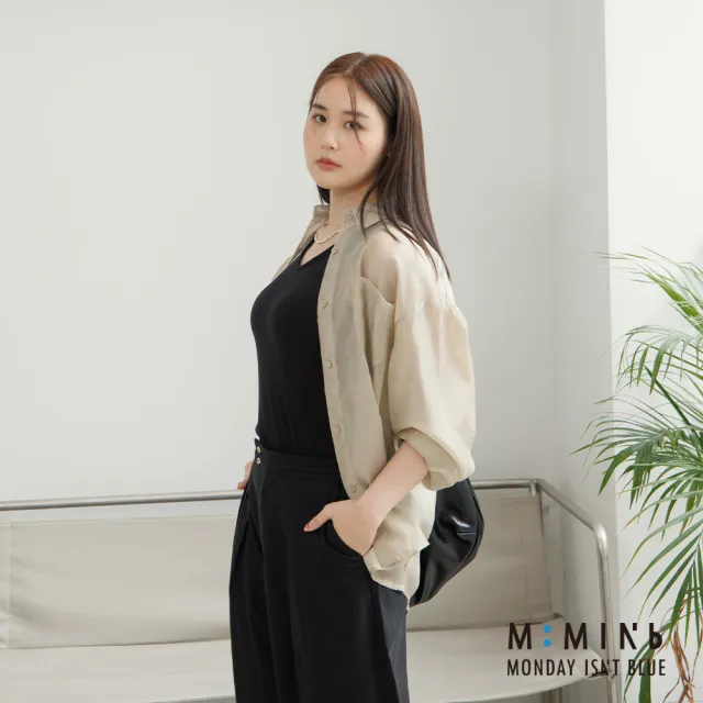 【M：MINb】天絲透膚涼感襯衫(卡其/中大尺碼女裝/大尺碼女裝/XL女裝/涼感/上衣/透膚上衣)