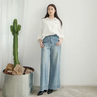 【M：MINb】收小腹顯瘦車線刷色牛仔寬褲(藍色/中大尺碼女裝/丹寧/牛仔寬褲/大尺碼下著/顯瘦穿搭/牛仔褲)