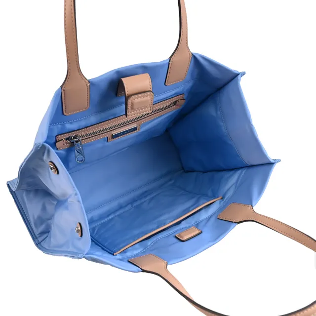 【TORY BURCH】圓標雙T LOGO撞色尼龍皮邊飾托特包(藍)