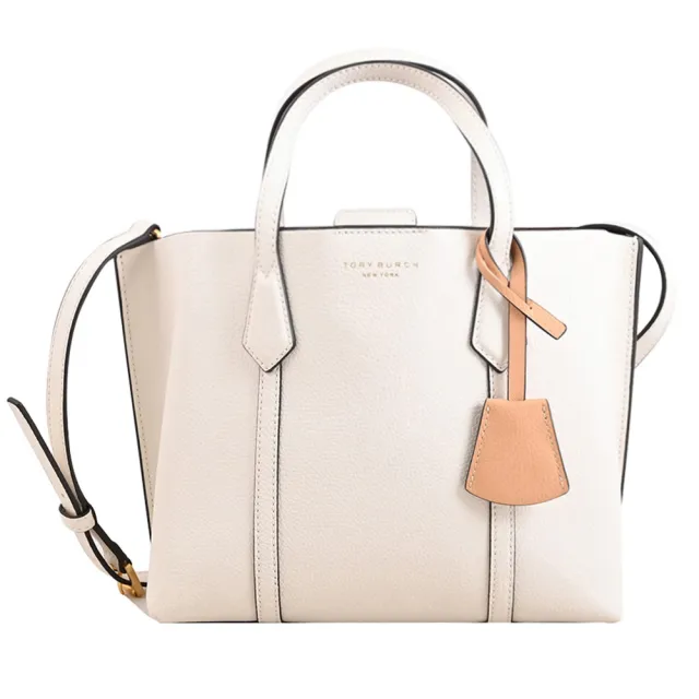 【TORY BURCH】Perry 簡約燙金LOGO吊飾皮革手提包三層包兩用包(白)