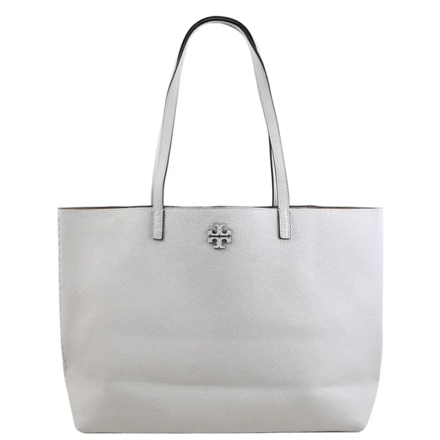 【TORY BURCH】Mcgraw 簡約雙T LOGO荔枝皮革肩背包大托特包(淺灰)