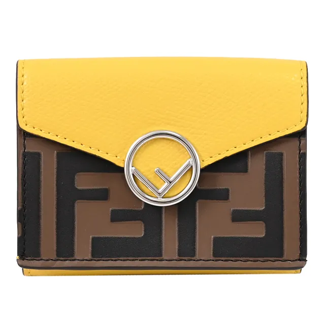 【FENDI 芬迪】經典雙F LOGO壓紋撞色皮革三折零錢小短夾(深咖)
