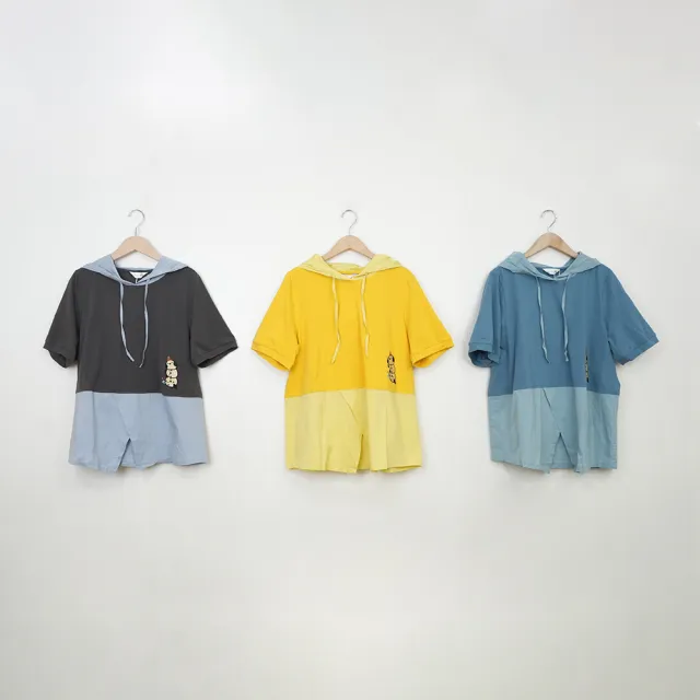 【Dailo】胖鳥刺繡異材質拼接連帽短袖上衣(藍 灰 黃)